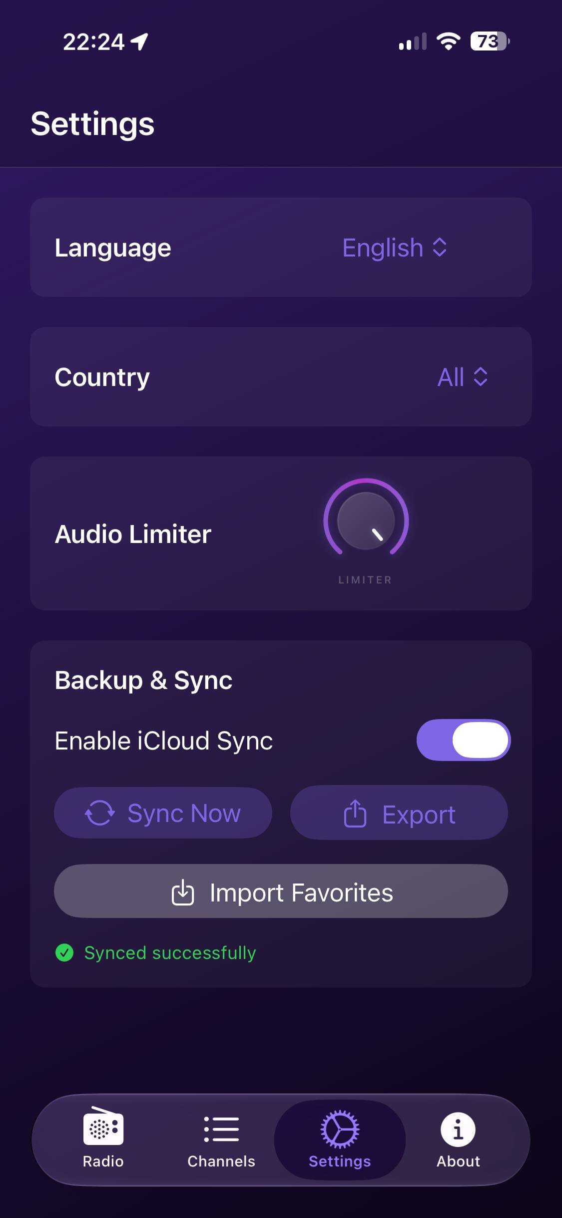 EasyRadio Settings Screen β Language, Country, Audio Limiter, iCloud Sync
